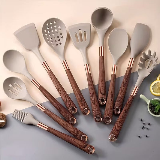 12 Pcs Silicone Cooking Utensils Set With Wooden Handles