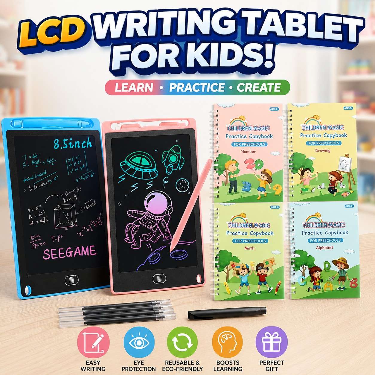 Combo Deal ( 1 LCD Writing Tablet + 4 Magic Practice Books set)