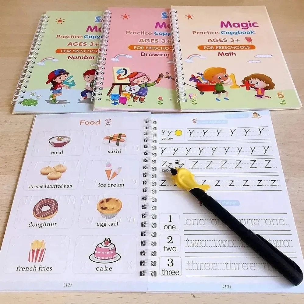 Magic Practice Books for Kids 4 Books Set + 1 Magic Pen + 10 Ink Refills - Reusable Books